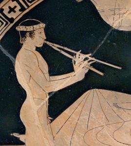Ιων Νεαρός παίζει αυλό, σκηνή από συμπόσιο.  (Αγγείο c. 460)