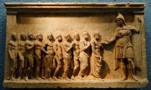 Πολιτεία Πλάτωνος Πολιτεία, Η θεά Βένδις και οι ακόλουθοί της (Στήλη από μάρμαρο, 400-375 π.Χ., Αθήνα)